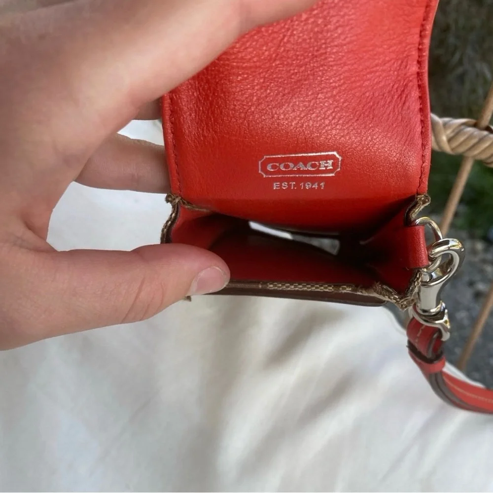 Coach Signature Canvas Wristlet Wallet in Khaki with Orange Accent
